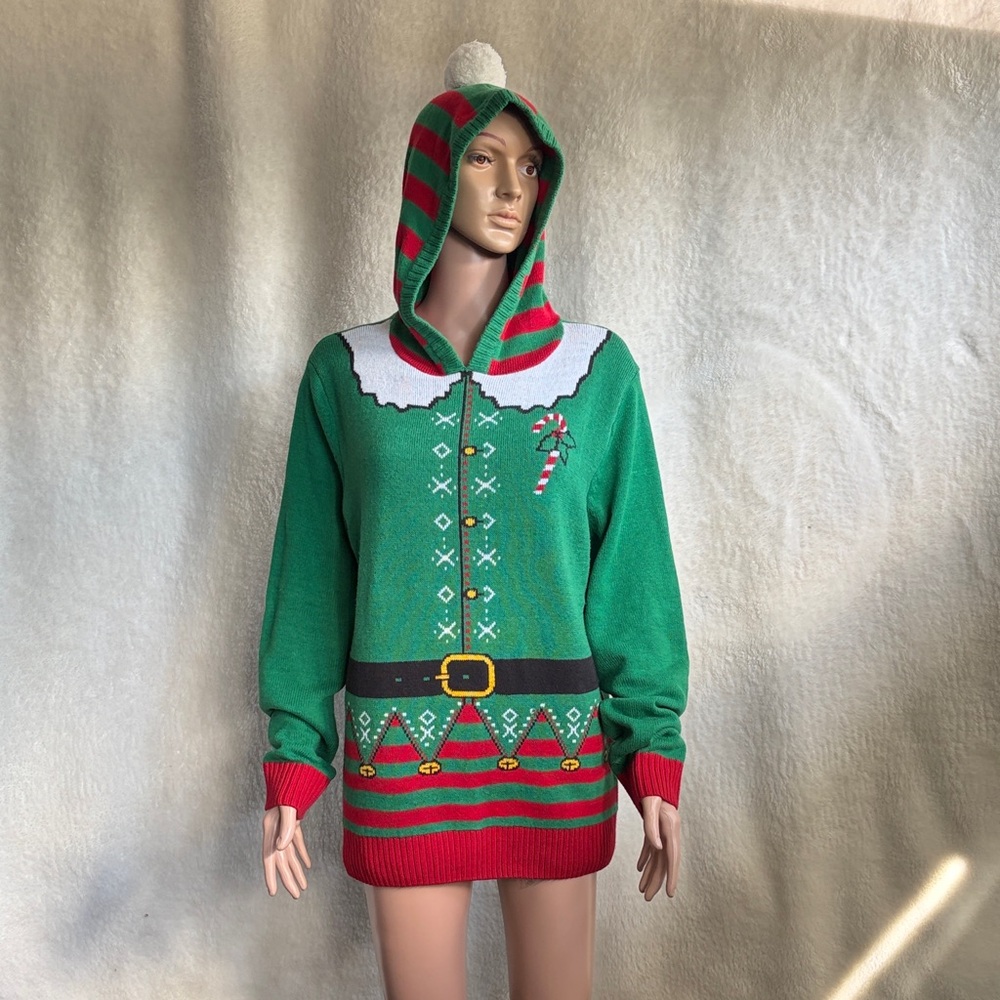 UGLY CHRISTMAS Sweater hoodie Green Elf Hoodie Sz M gently used